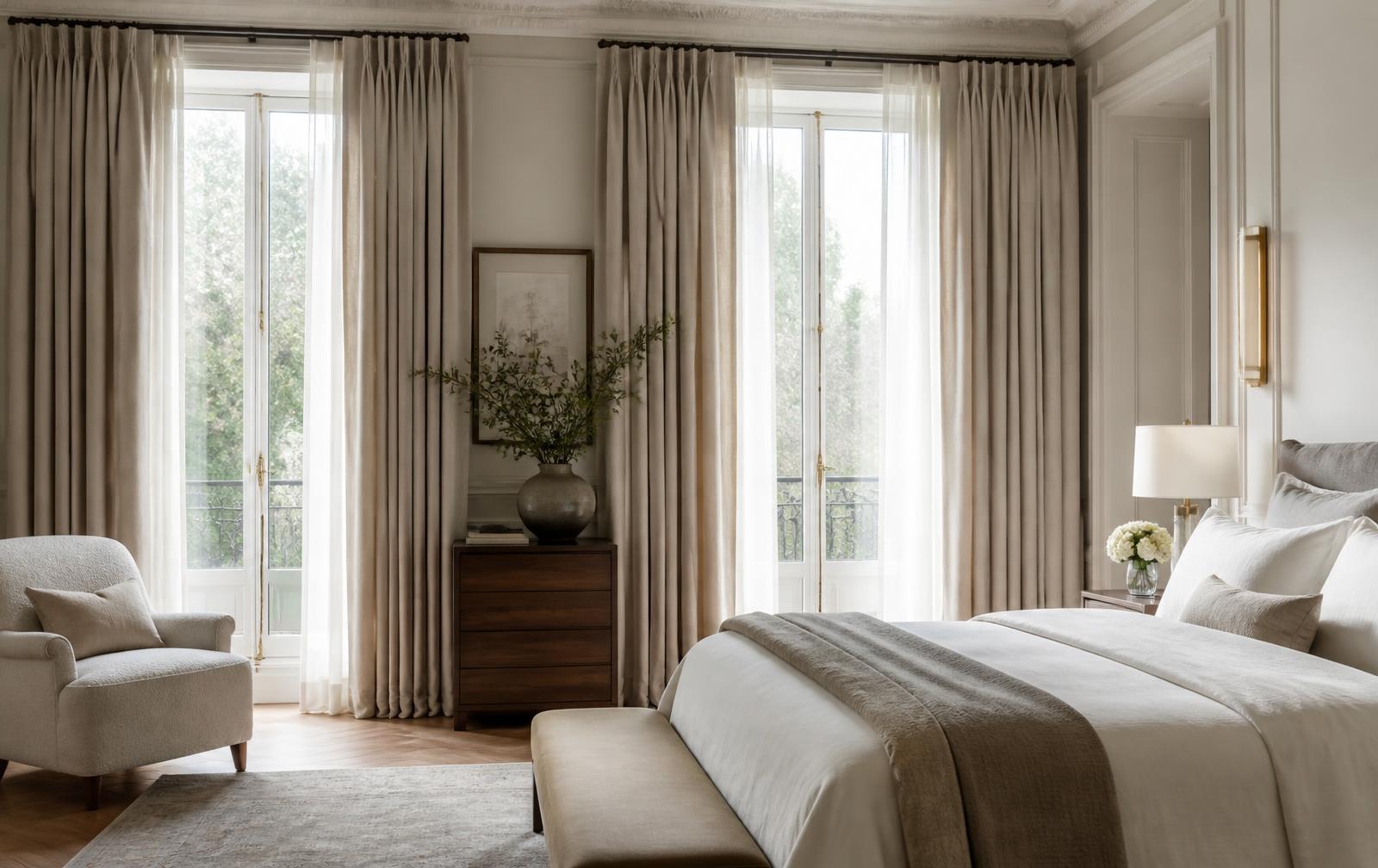 Motorized roller shades aligned across floor-to-ceiling windows in a modern living room