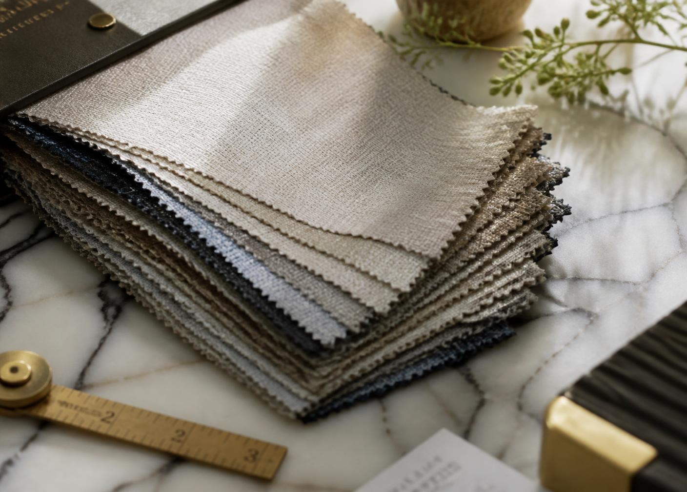 Window treatment fabric samples in a range of opacities and colors