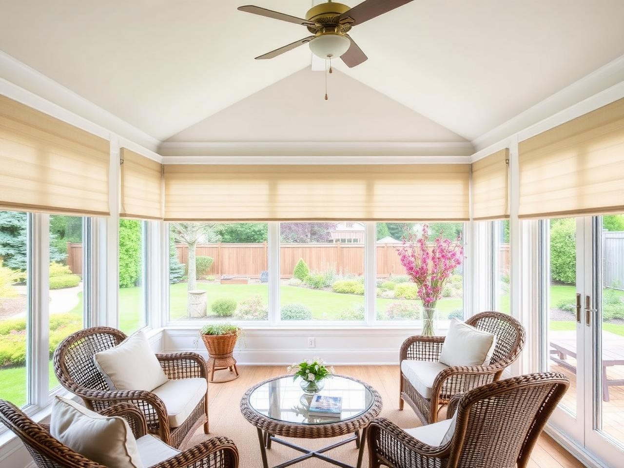 Sunroom with a bank of windows and light filtering shades overlooking a landscaped garden