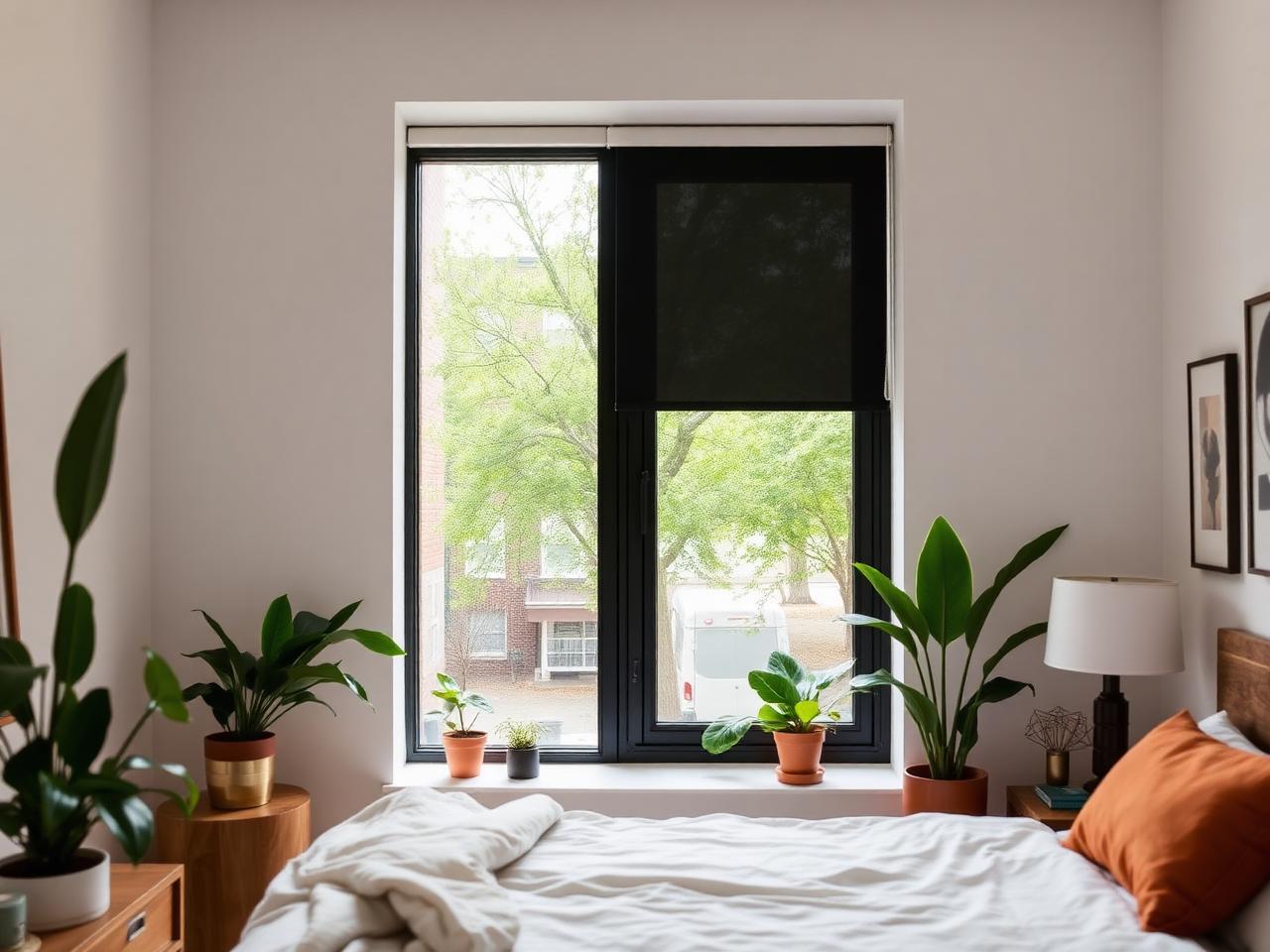 Brooklyn apartment bedroom with a blackout roller shade over a tall street-facing window