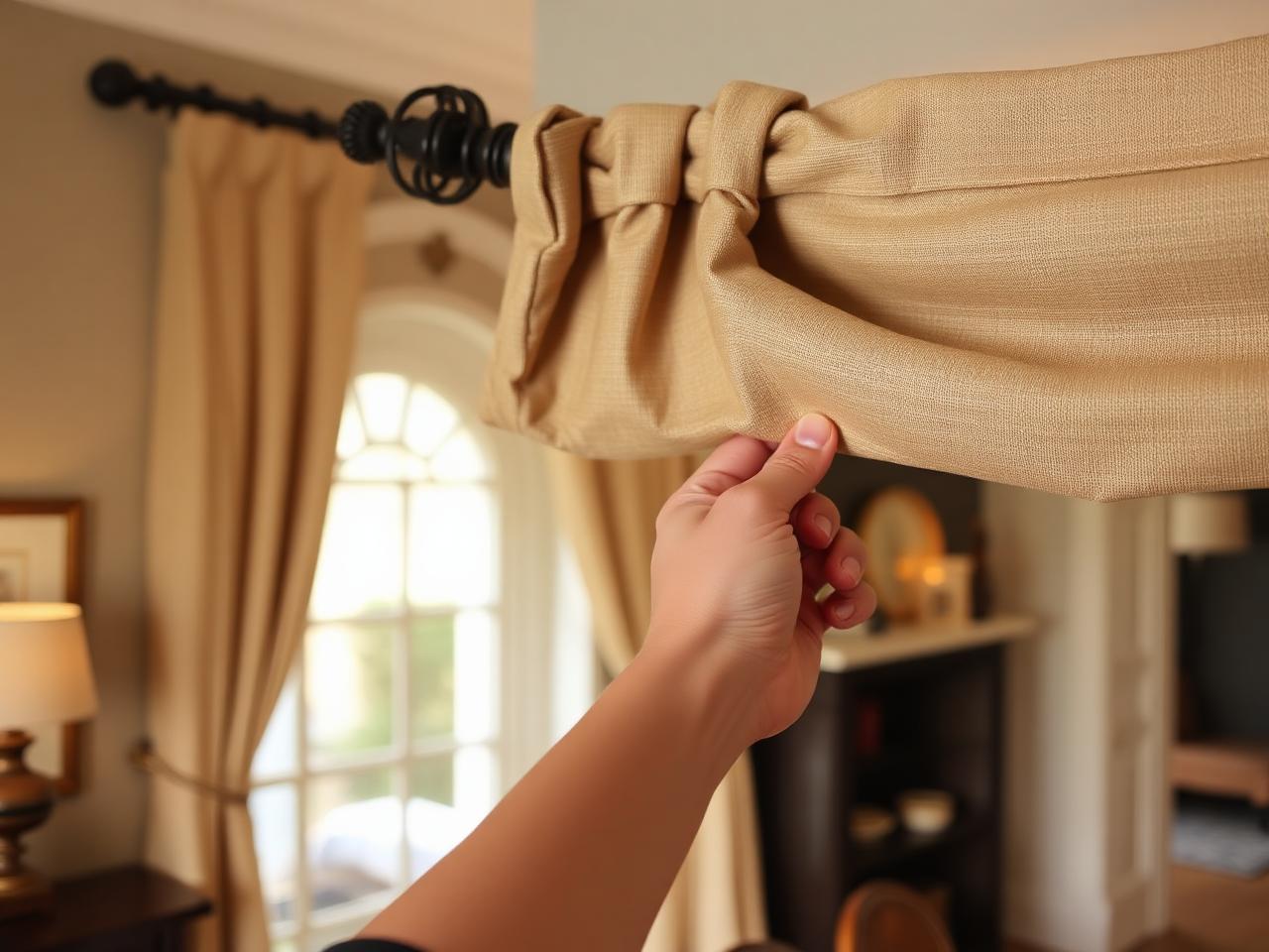 Hand adjusting a pleated drapery header on a decorative rod