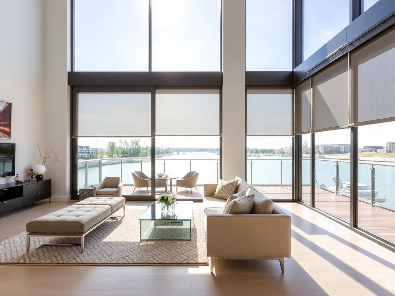 Riverfront townhouse living area with solar screen shades lowered against low sun