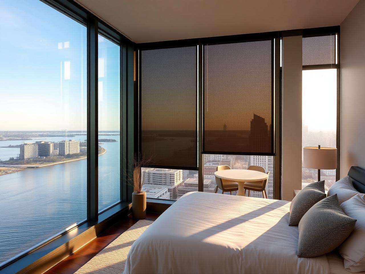 Waterfront condominium bedroom with dual sheer and blackout shades facing the river
