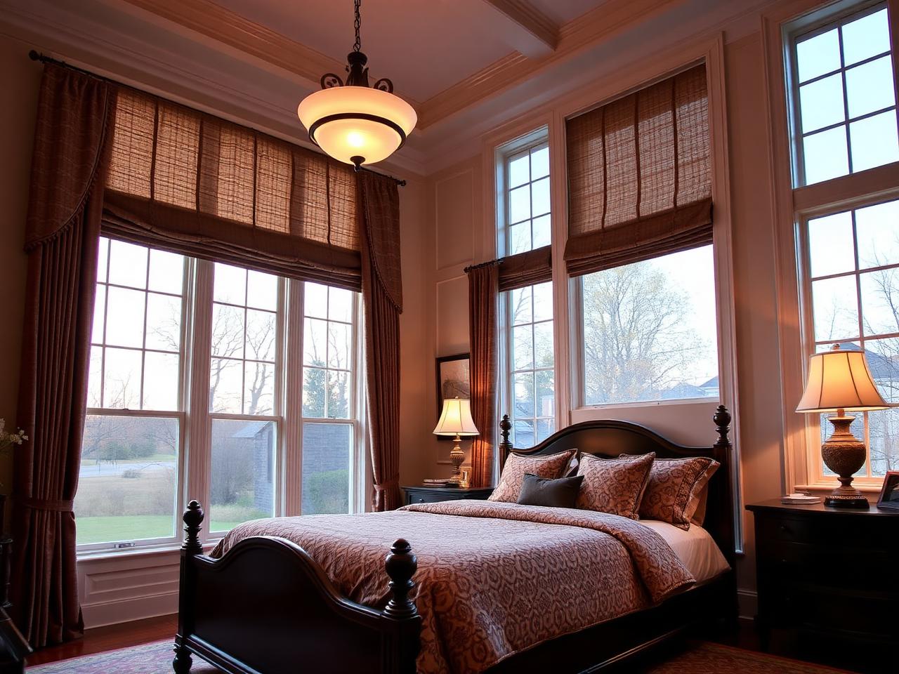 Primary bedroom in a stately older home with blackout shades under decorative drapery