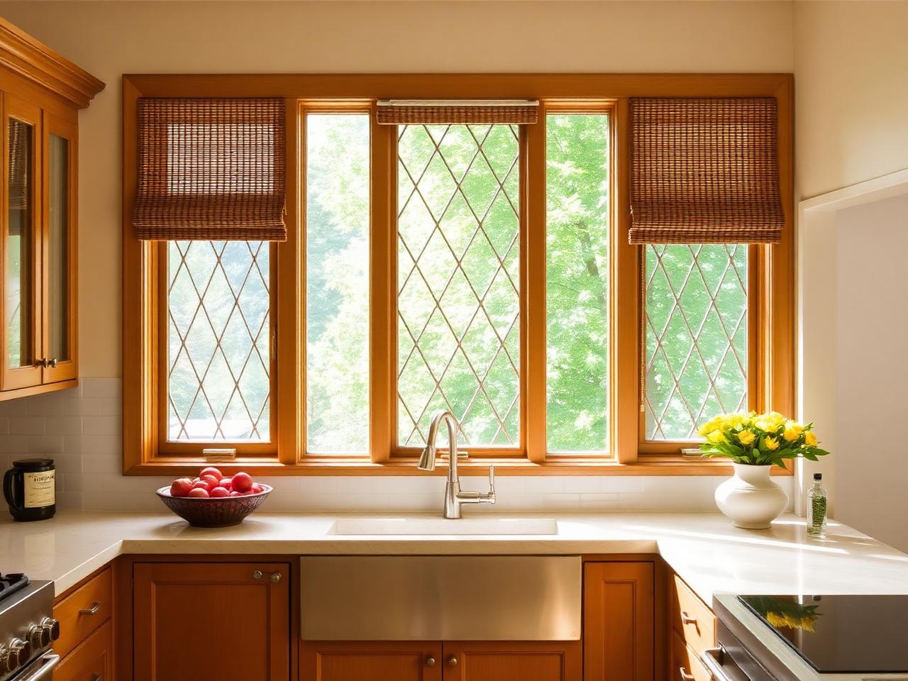 Tudor-style kitchen with diamond-pane windows and woven wood shades
