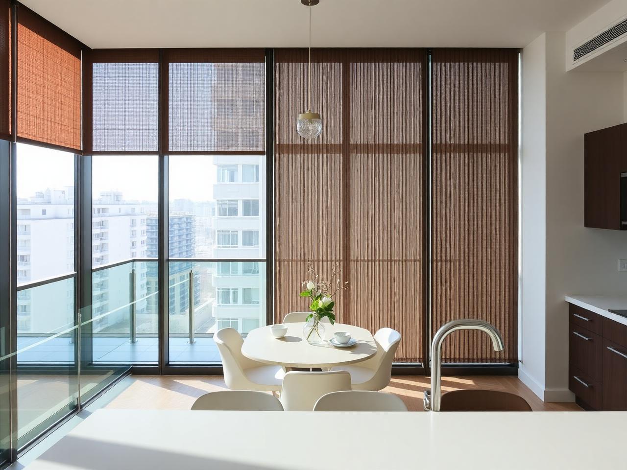 Condo kitchen and dining area with slim shades across a floor-to-ceiling window wall