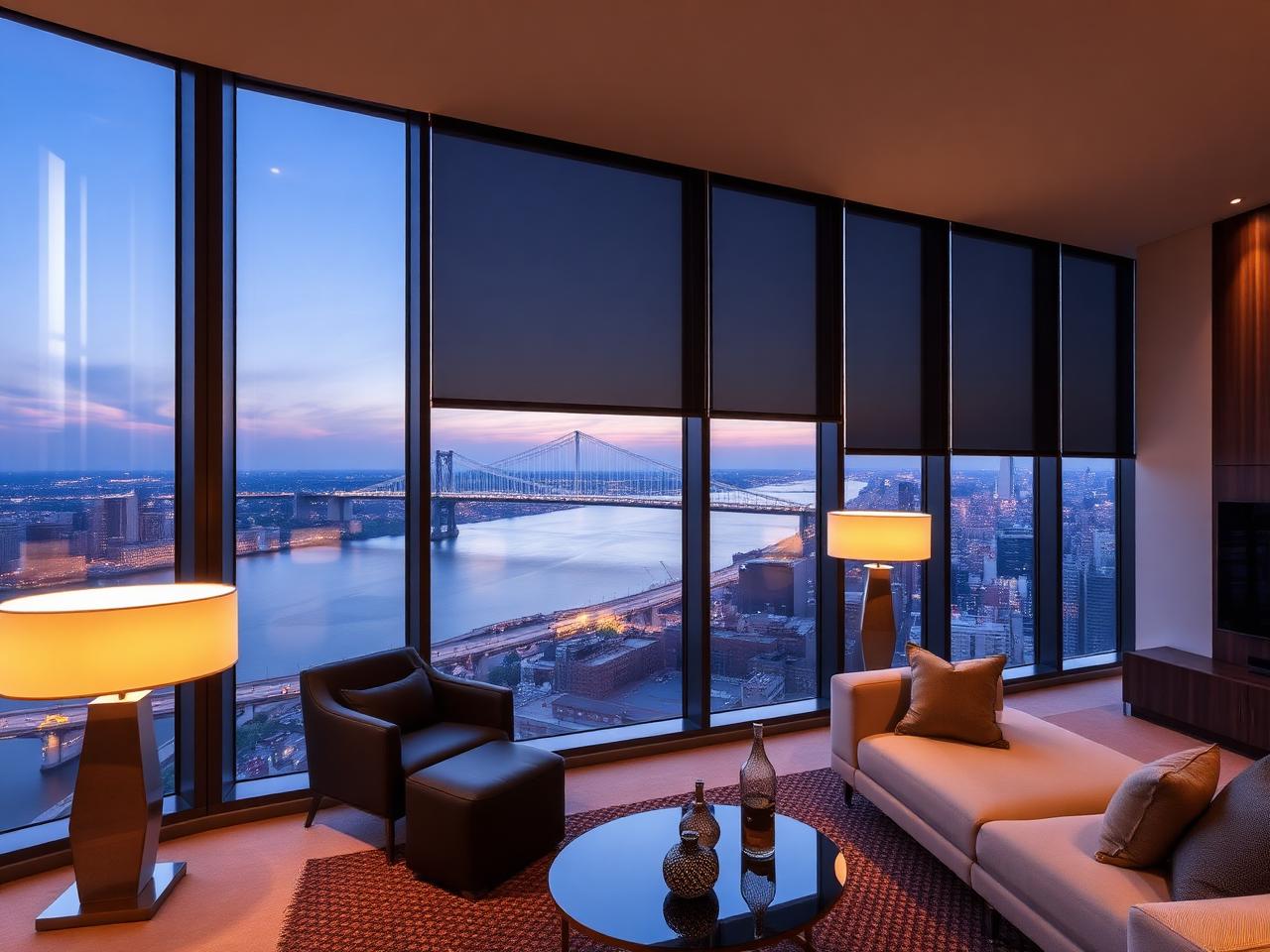 High-rise apartment living room with motorized shades and a bridge and river view at dusk