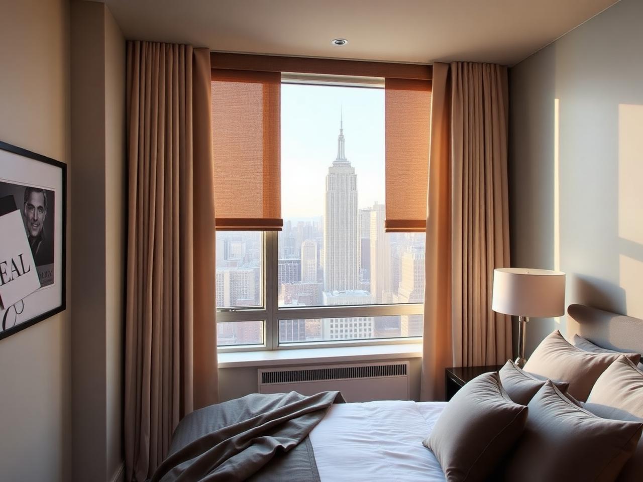 Manhattan high-rise bedroom with layered shades and drapery framing a skyline view