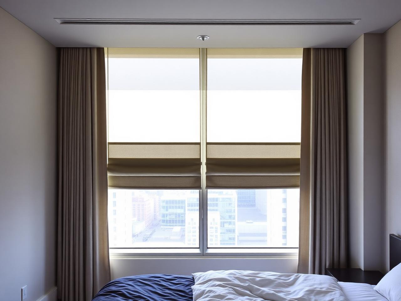 Layered motorized sheer and blackout curtains in a bedroom with a city view