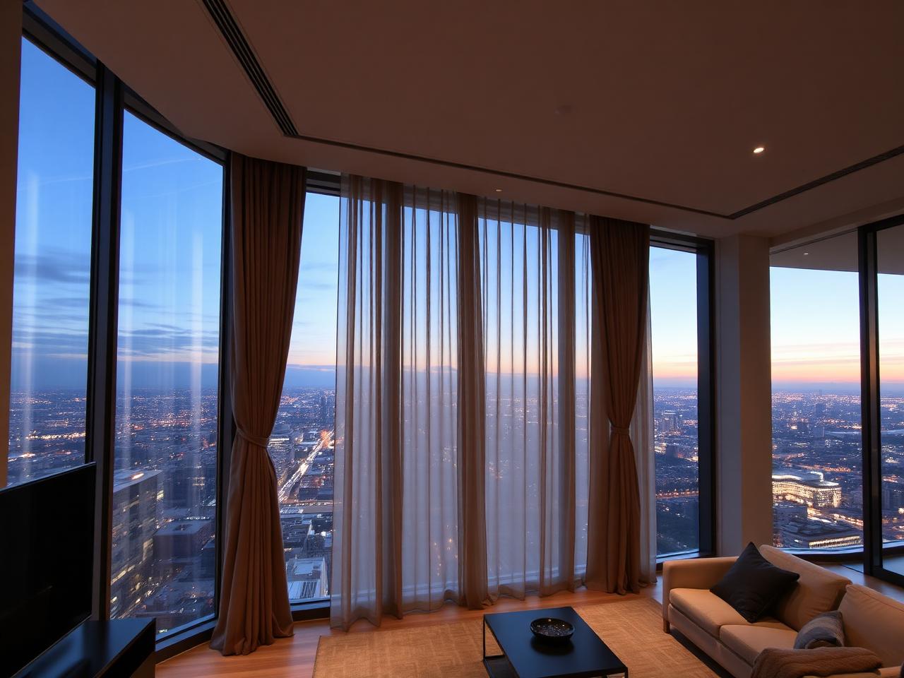 Motorized drapery panels moving along a ceiling track in a modern living room