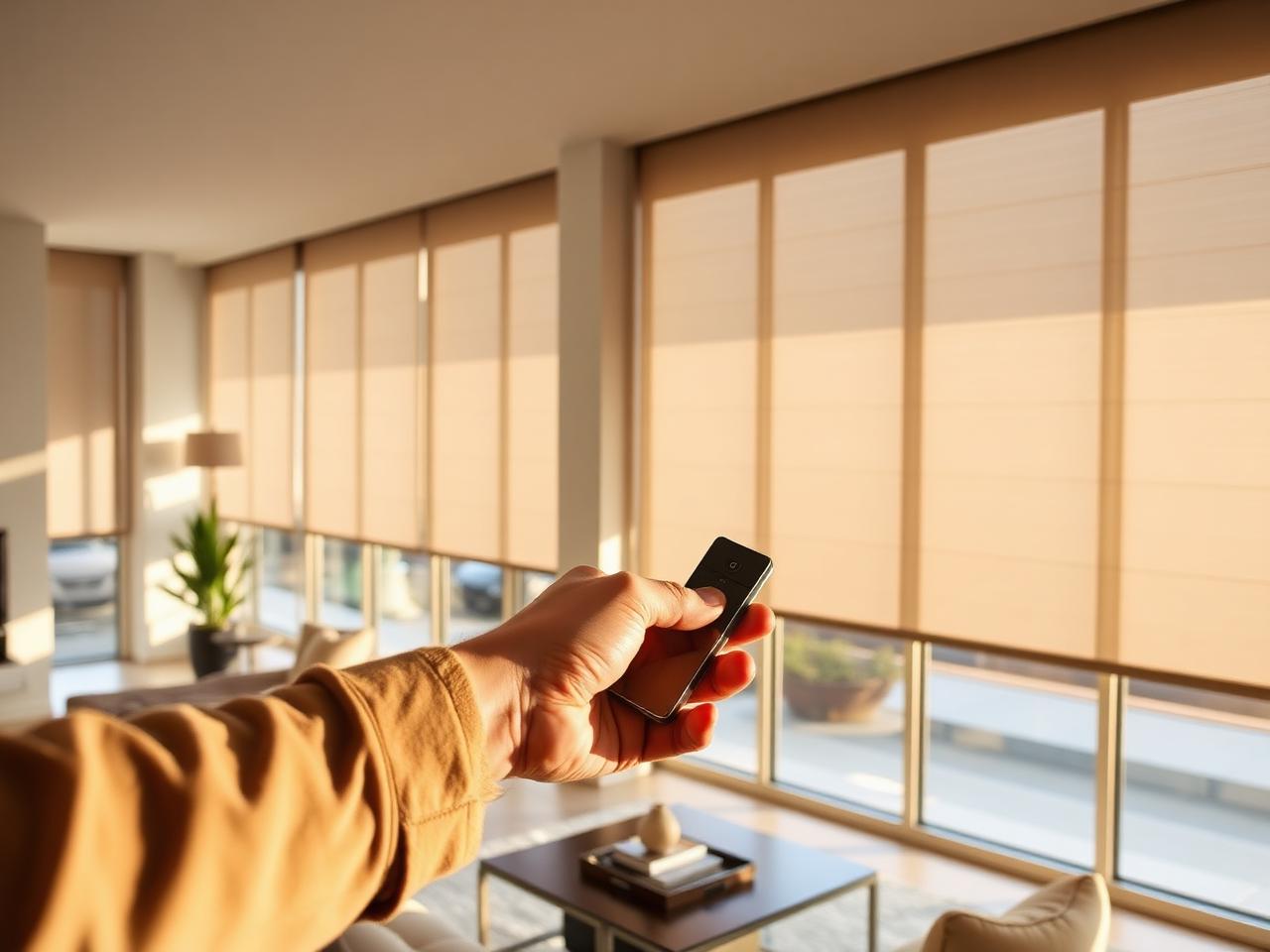 Homeowner using a handheld remote as motorized roller shades lower across a wall of living room glass