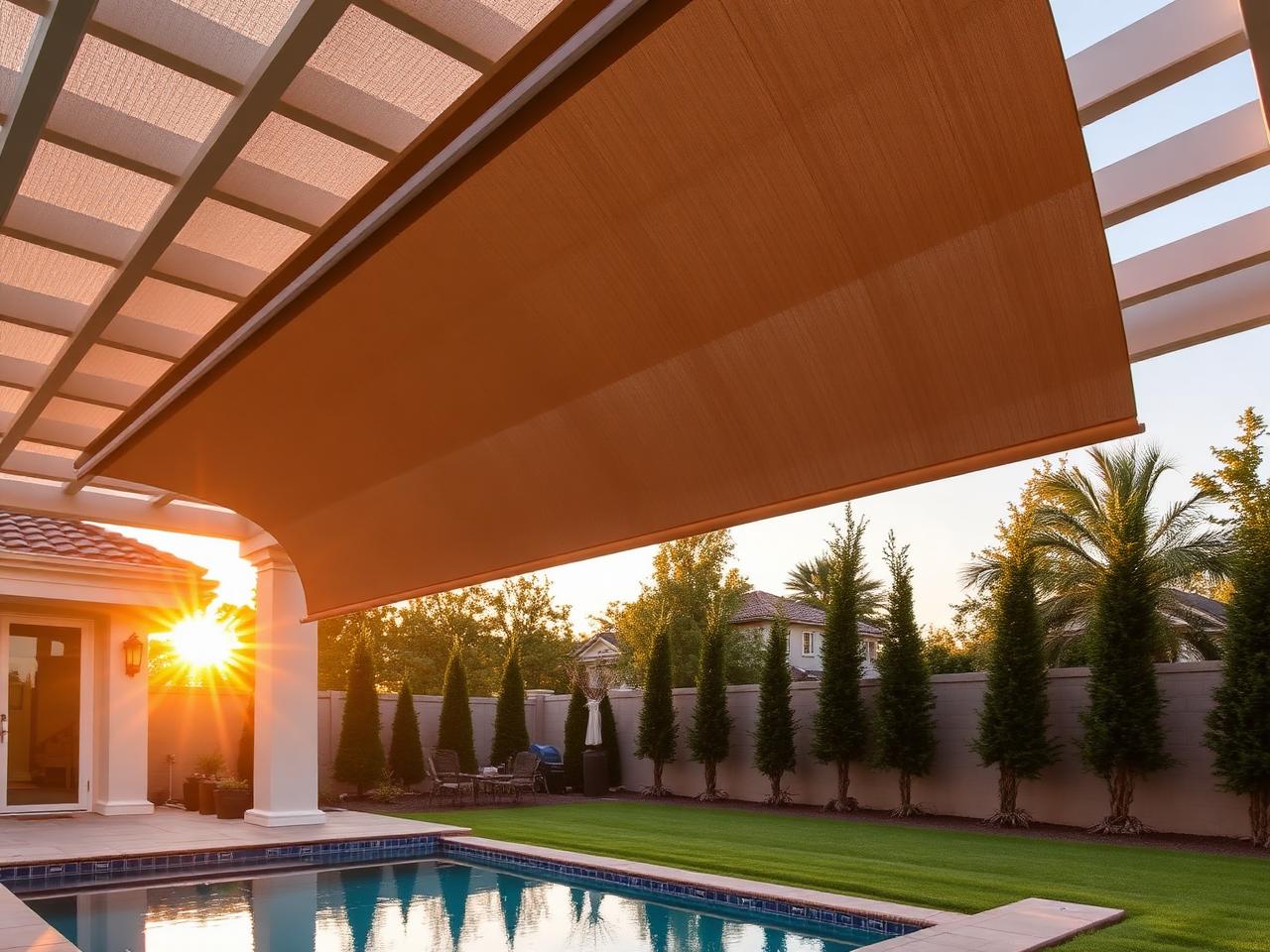 Exterior screen shades half lowered on a pergola beside a pool at golden hour