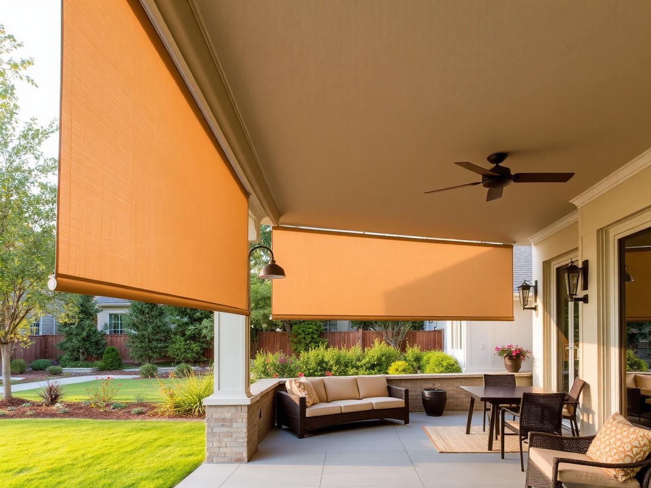 Outdoor motorized solar shades lowered across a covered patio with lounge seating