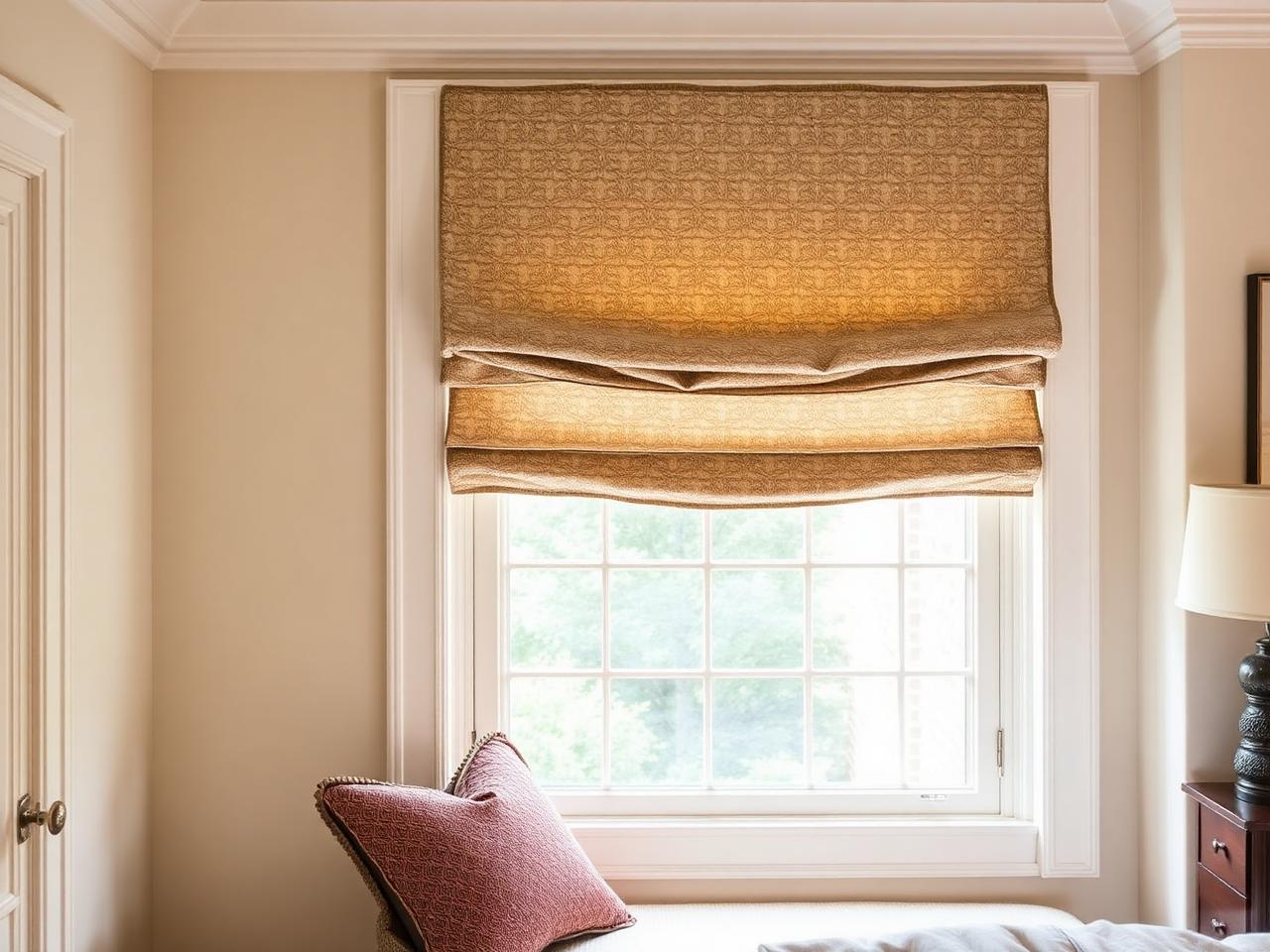 Relaxed-fold Roman shade in patterned fabric over a bedroom window seat