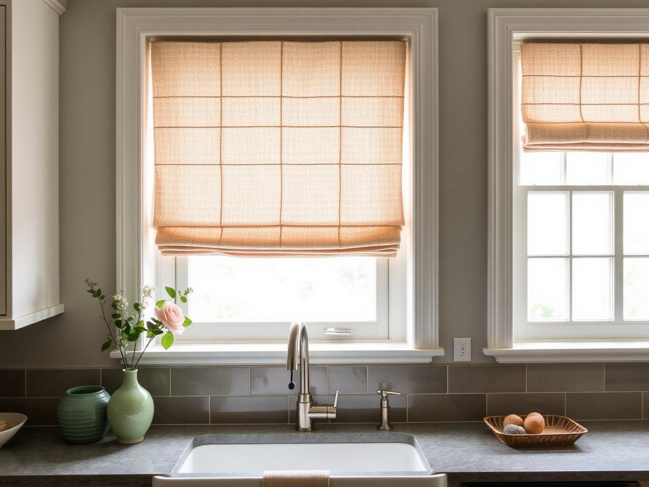 Flat-fold Roman shades in natural linen above a kitchen sink window