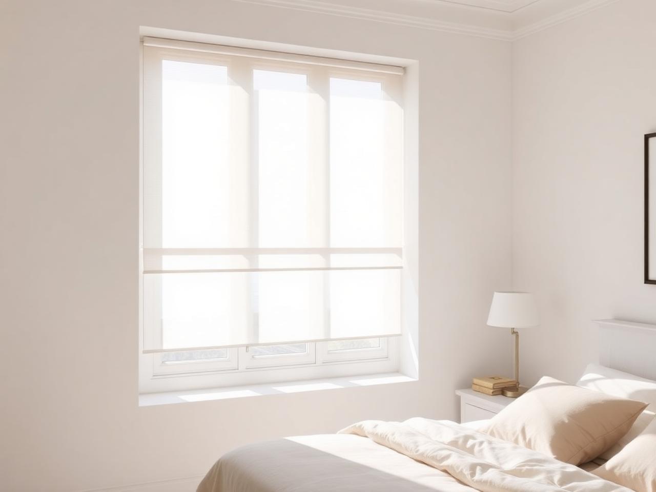 Sheer shades veiling a wide corner window in a bright bedroom