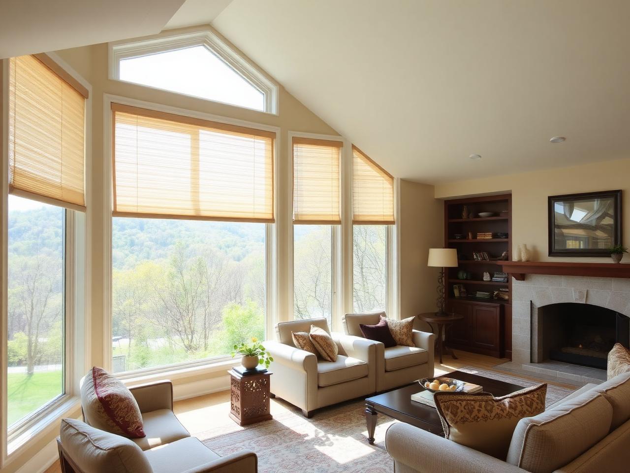 Hillside home living room with a wide picture window over a wooded valley and shades raised