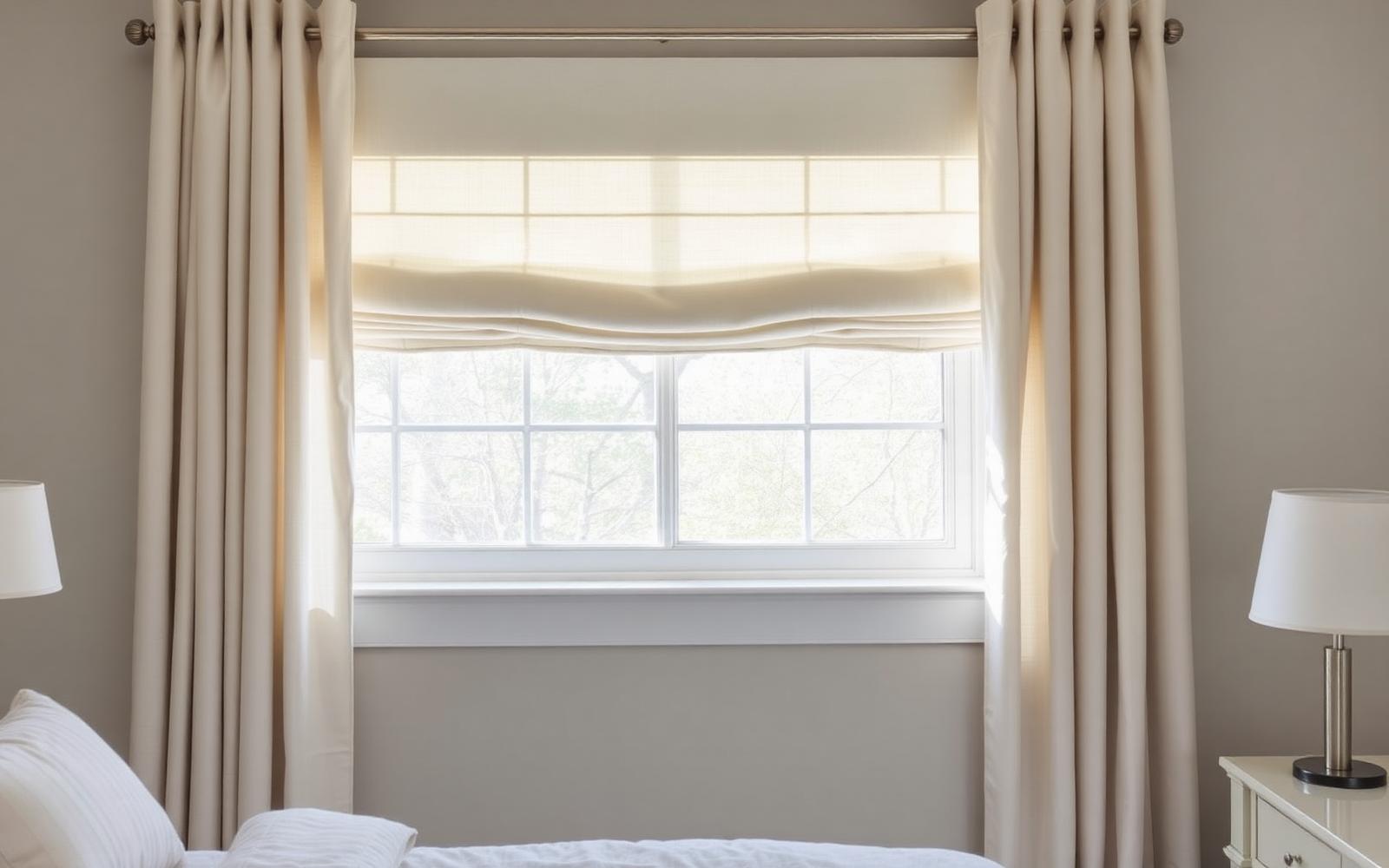 Custom shades and drapery layered across a bright living room window