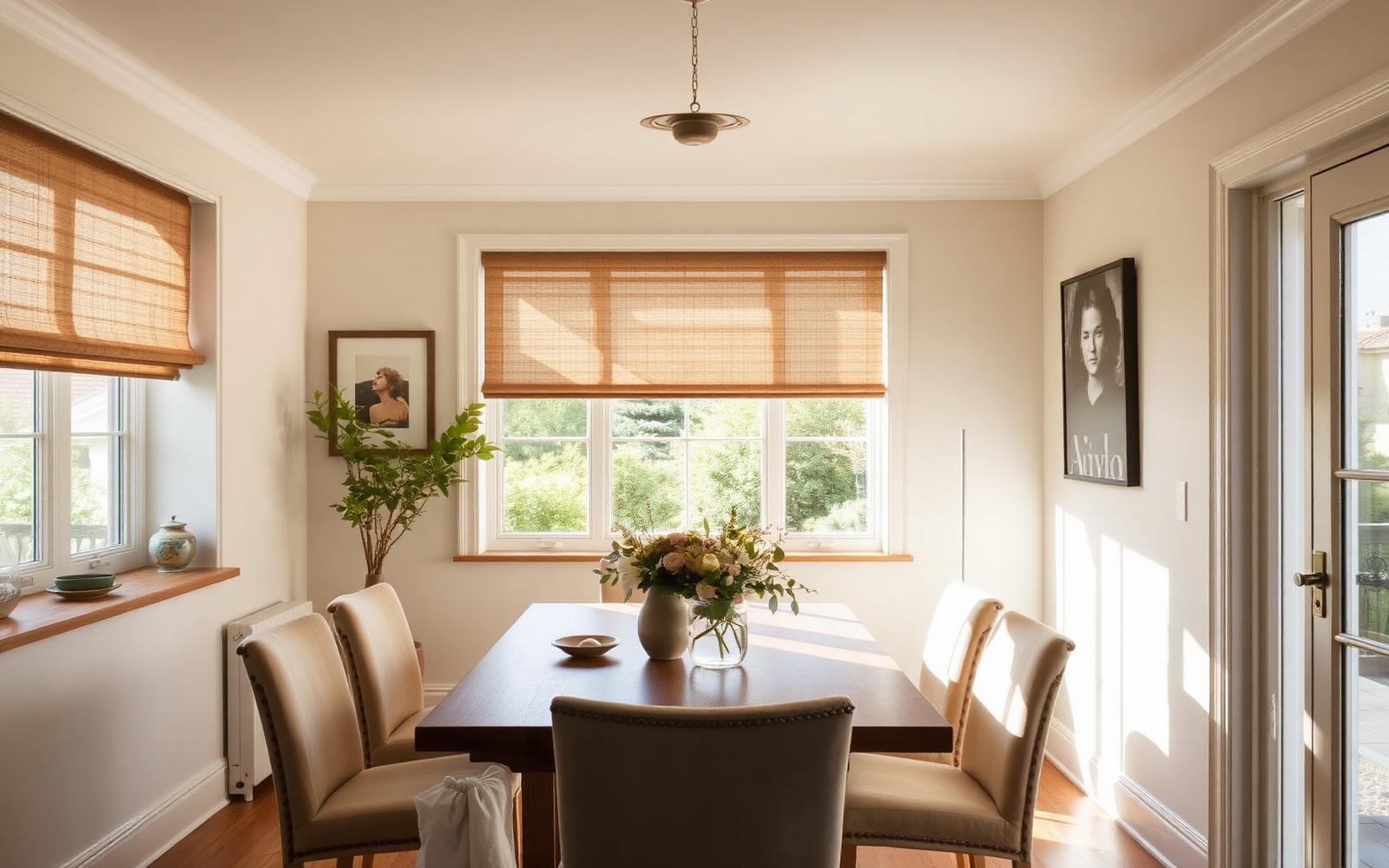Sunlight diffused through light filtering shades in a living room