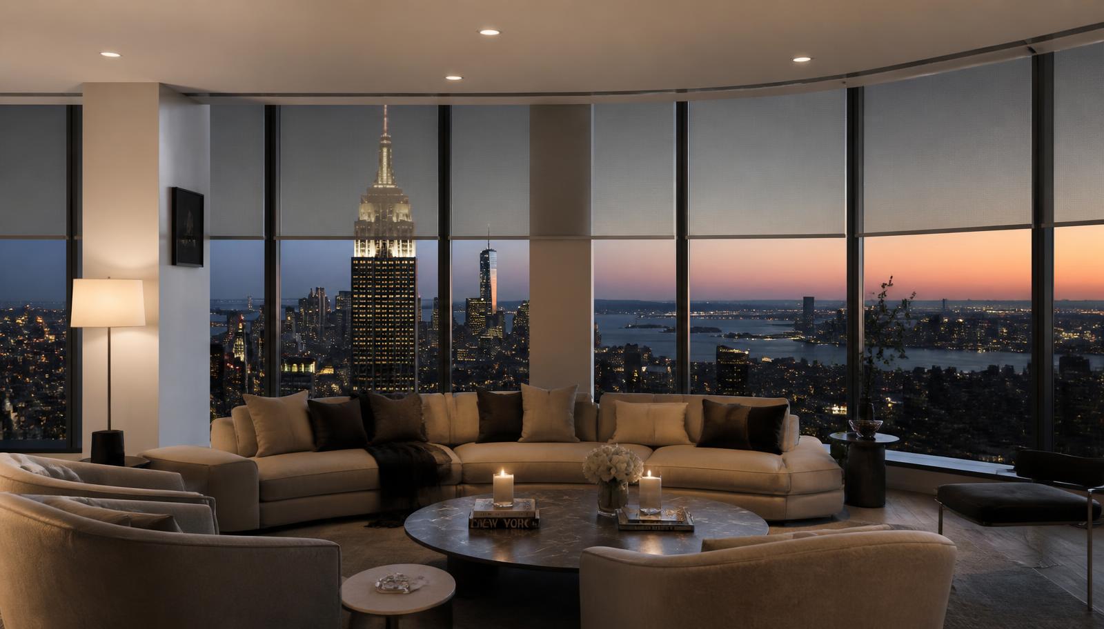 Manhattan apartment living room with tall windows