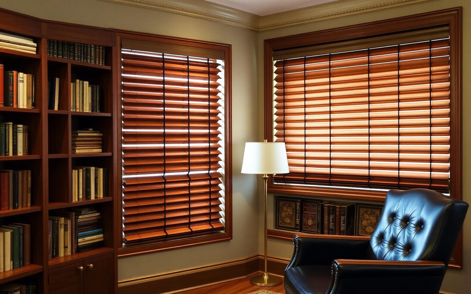 Wood blinds with a matching valance finishing the headrail