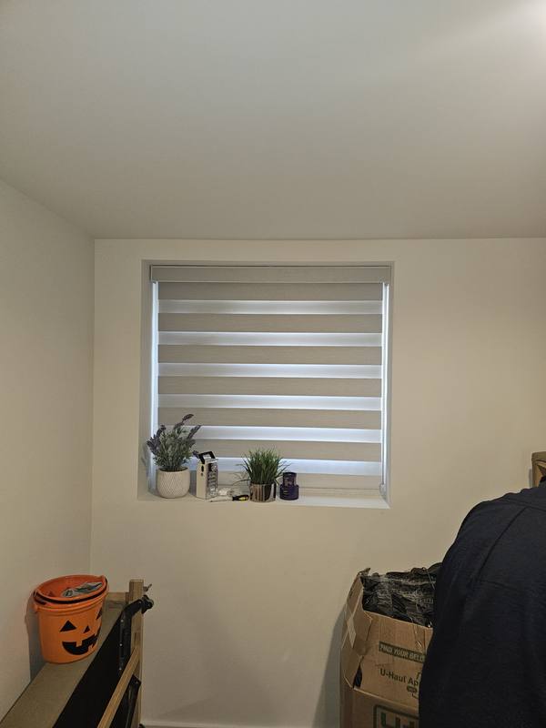 Zebra shade fitted inside the trim of a small bedroom window